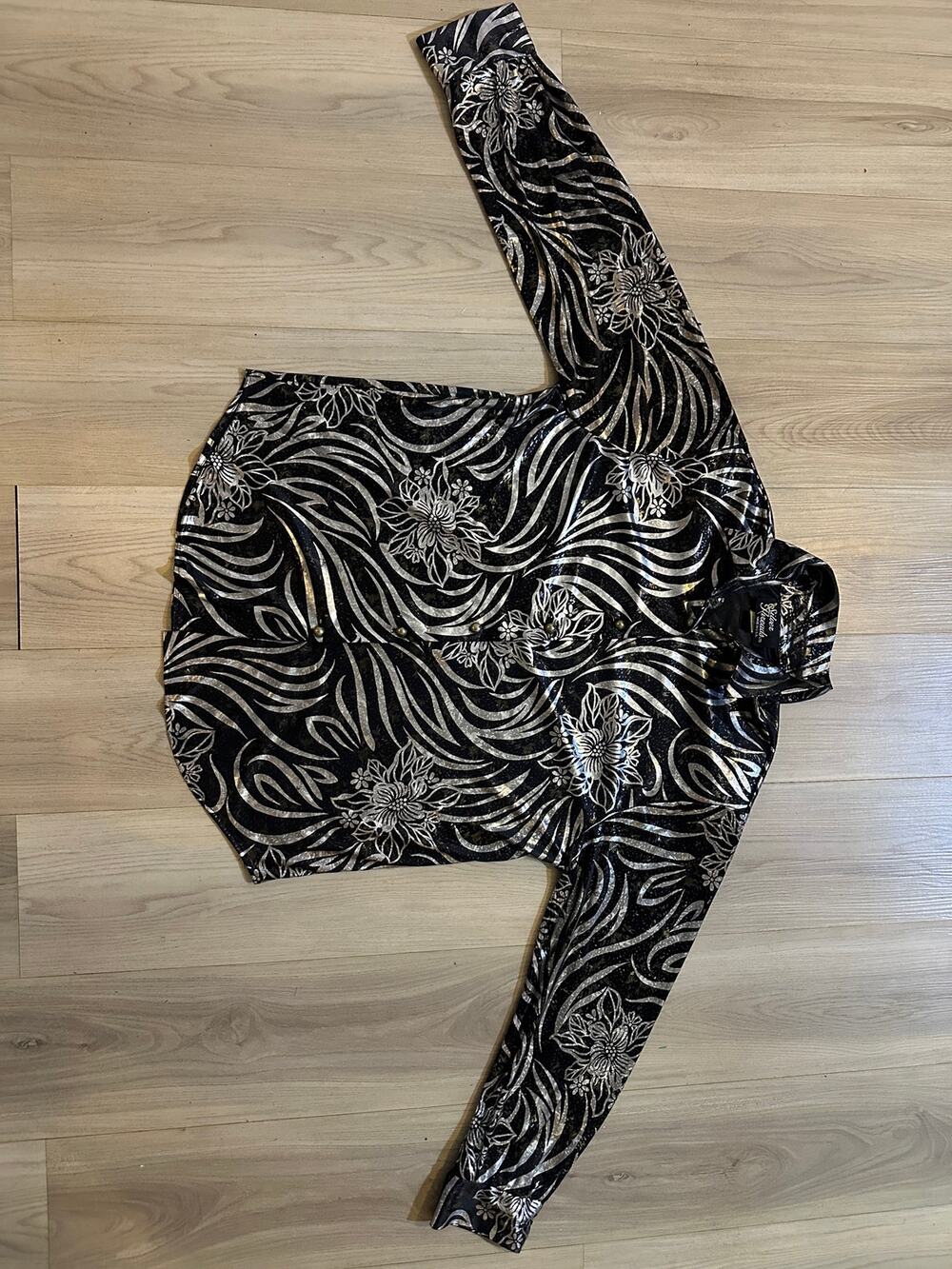 Vintage Silver Threads Metallic Foil Button Shirt Womens M Black Silver Disco